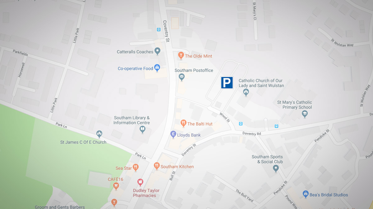 Google map of Southam town centre and parking.