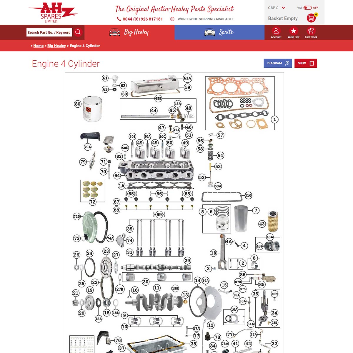 Austin-Healey 4 cylinder engine section diagram.
