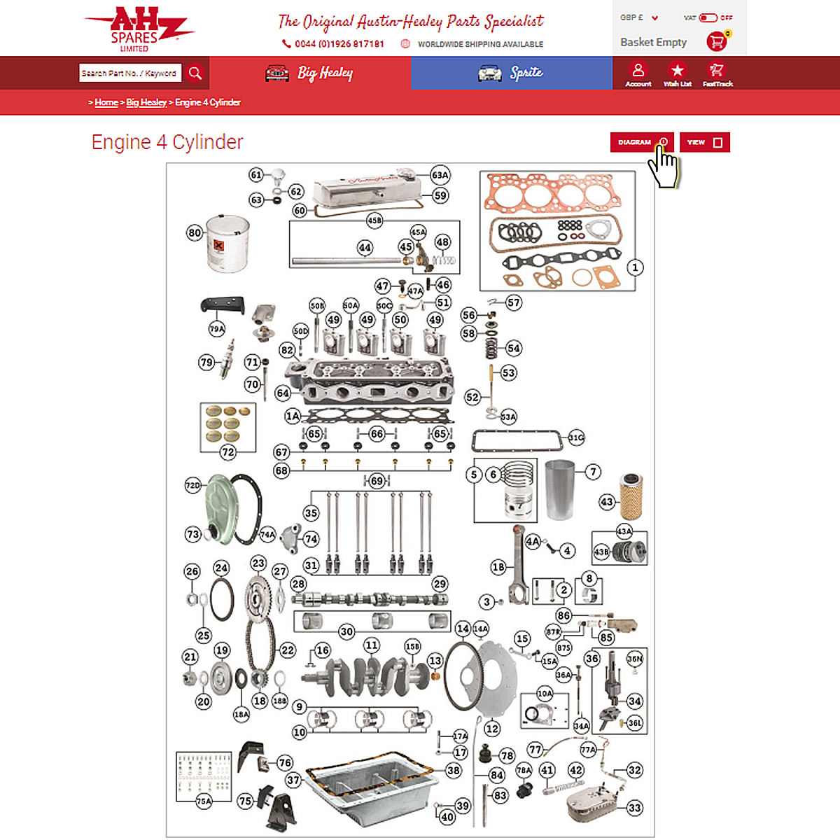 Austin-Healey 4 cylinder engine section diagram.