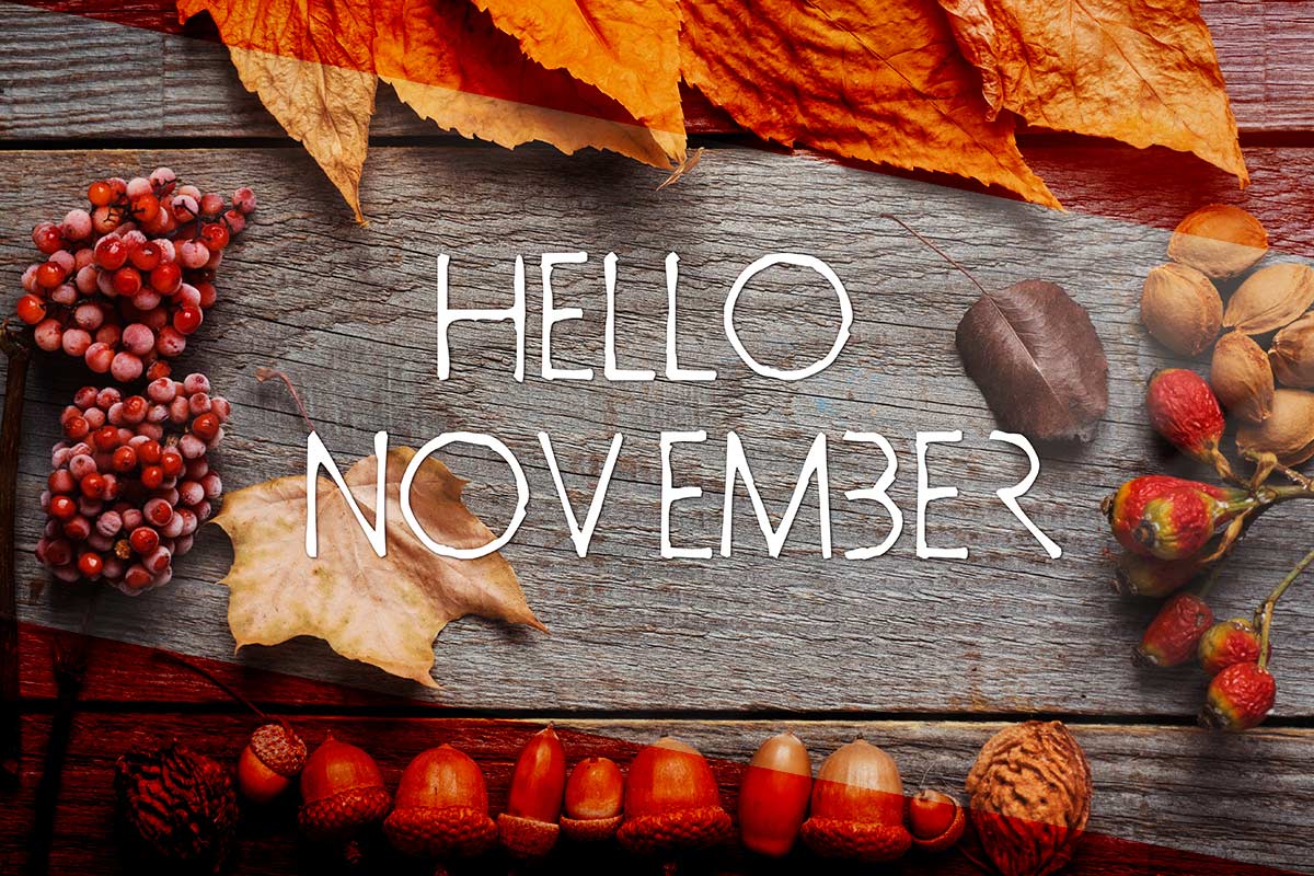 Autumn theme rustic table top with Hello November