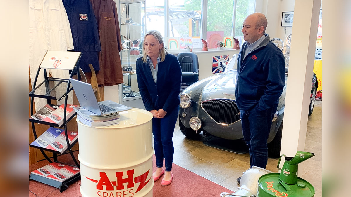 A H Spares Directors Rebecca Kemsley and Jonathan Hill speaking with Australian Austin Healey club members over the internet.