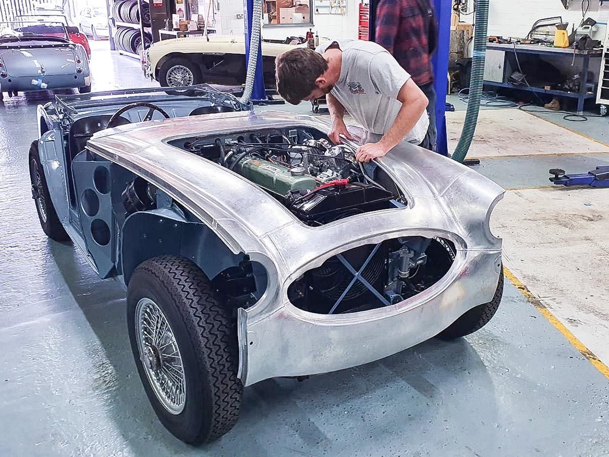 Austin Healey outer body shell being fitted at JME Healeys