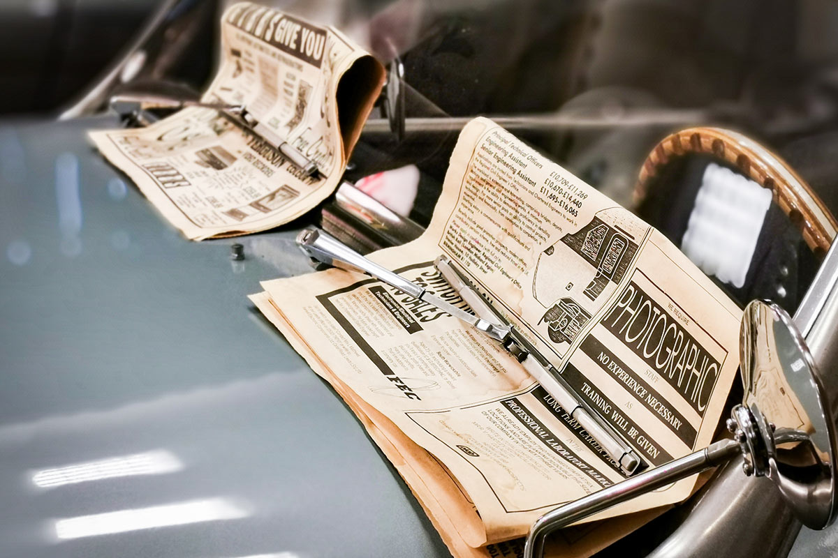 Austin Healey wipers protected with newspaper