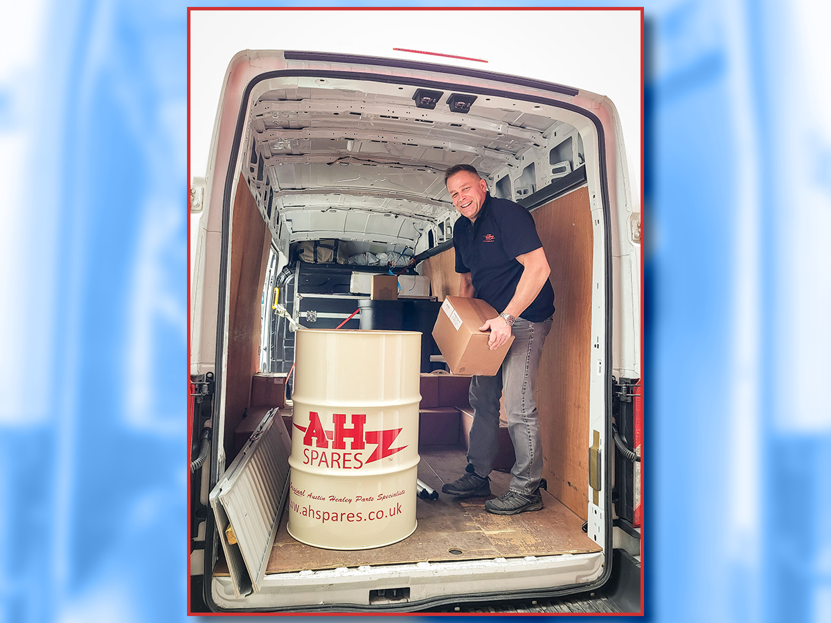 A.H. Spares Sales Manager John Lee loading the van with our exhibition gear for Retromobile 2023.