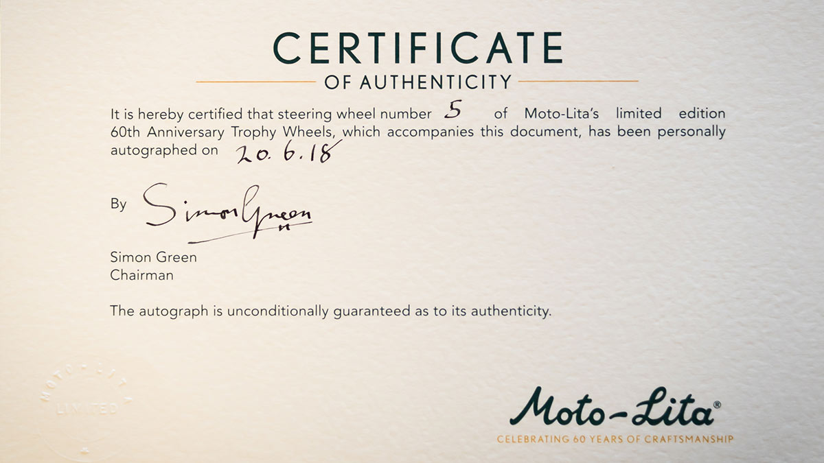 Simon Green's signature certified by Moto-Lita.