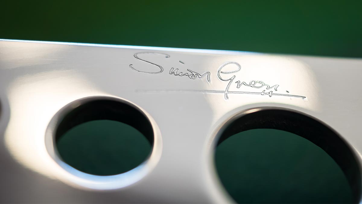 Simon Green's signature engraved on Moto-Lita 60th Anniversary steering wheel.