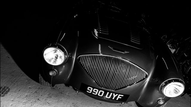 Black and white photo of an Austin-Healey 100 taken by Ashley Foster