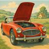 Artistic rendering of an Austin Healey 100/6 in an idyllic English countryside s