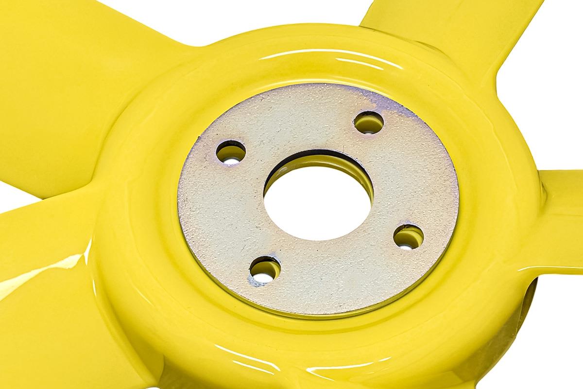 Close-up of the centre mounting plate on the yellow CHT147 five-blade cooling fan