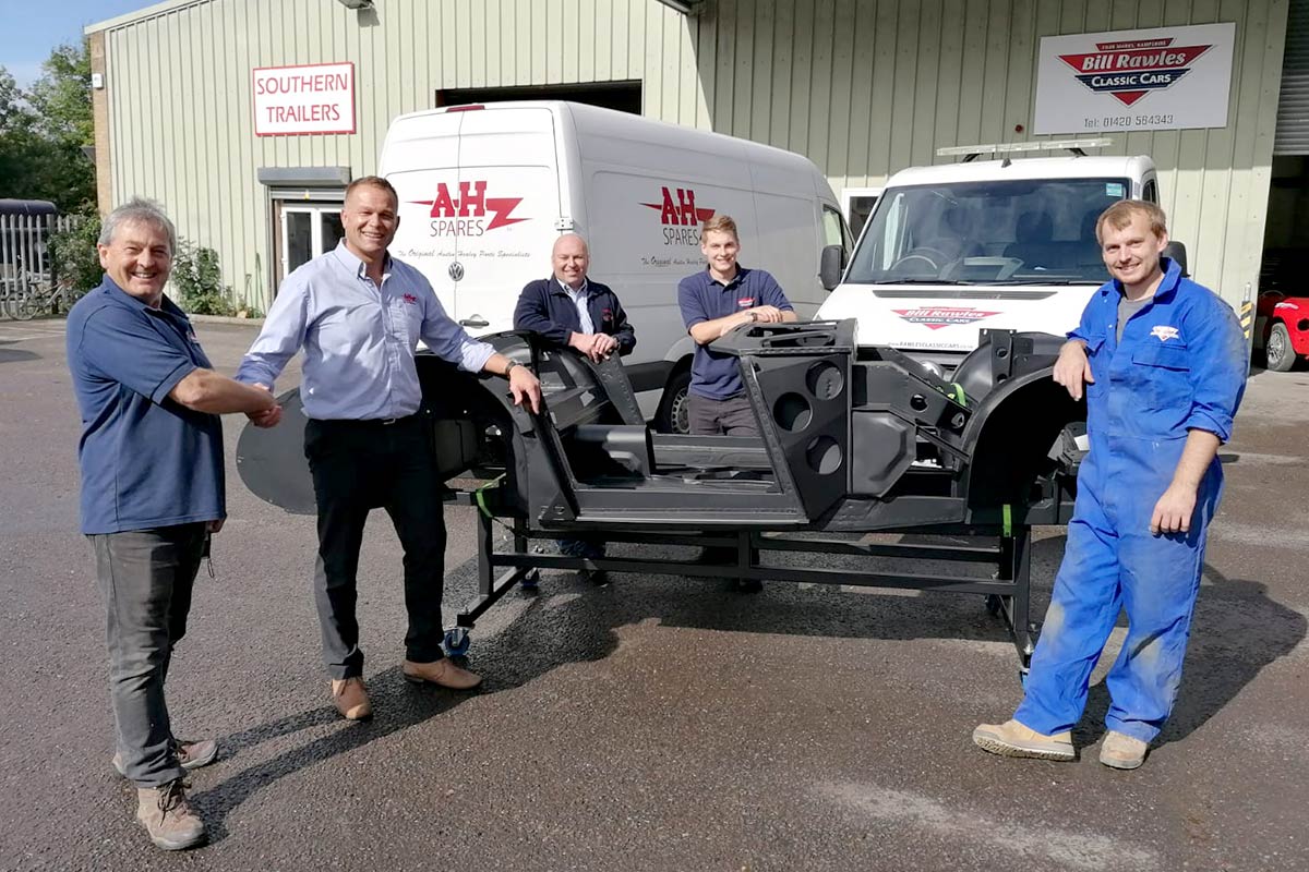 A.H. Spares Director, Jonathan Hill and Sales Manager, John Lee delivering our prototype inner body chassis assembly to Bill Rawles.