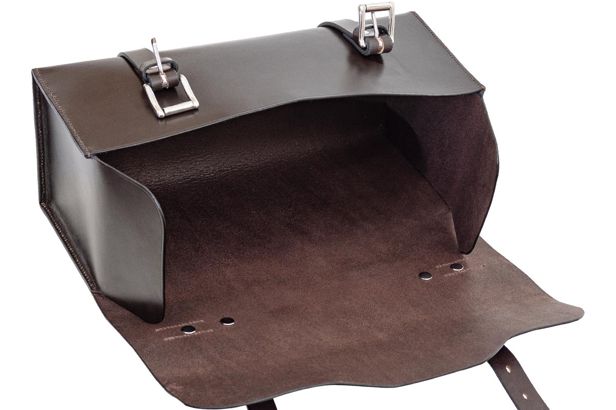 Open leather satchel.