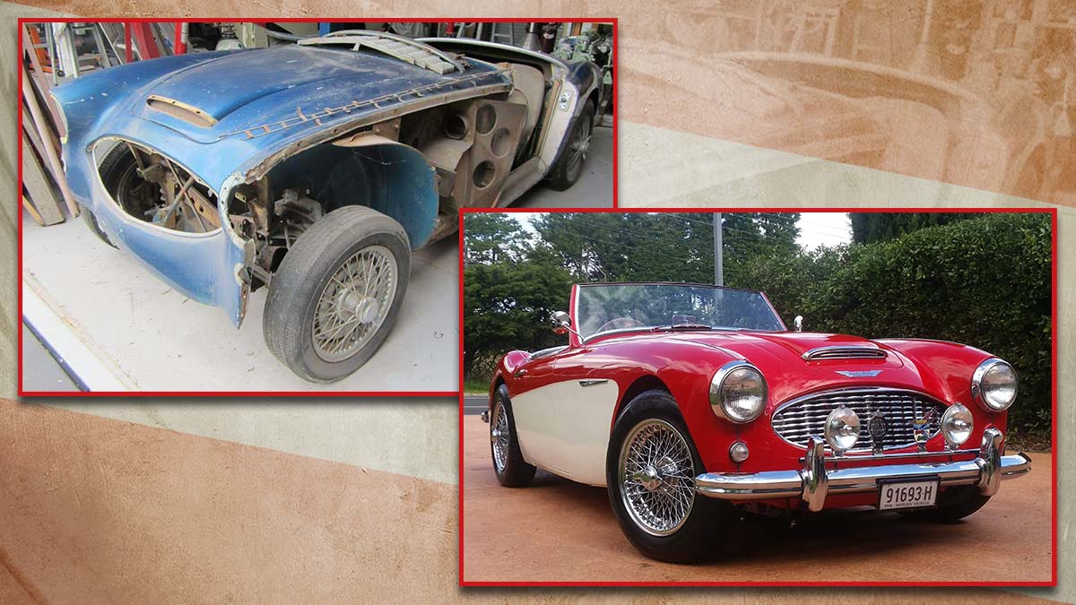 Austin Healey 100/6 before and after its restoration.