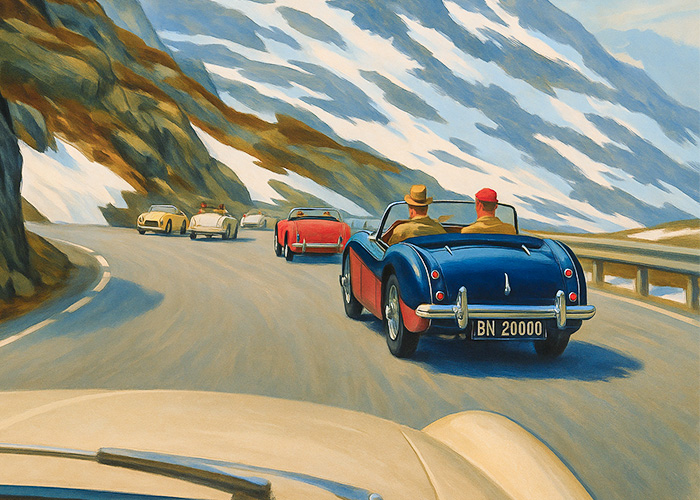 Illustration of Austin Healey sports cars driving in convoy along a scenic mountain road, celebrating classic motoring and adventure.