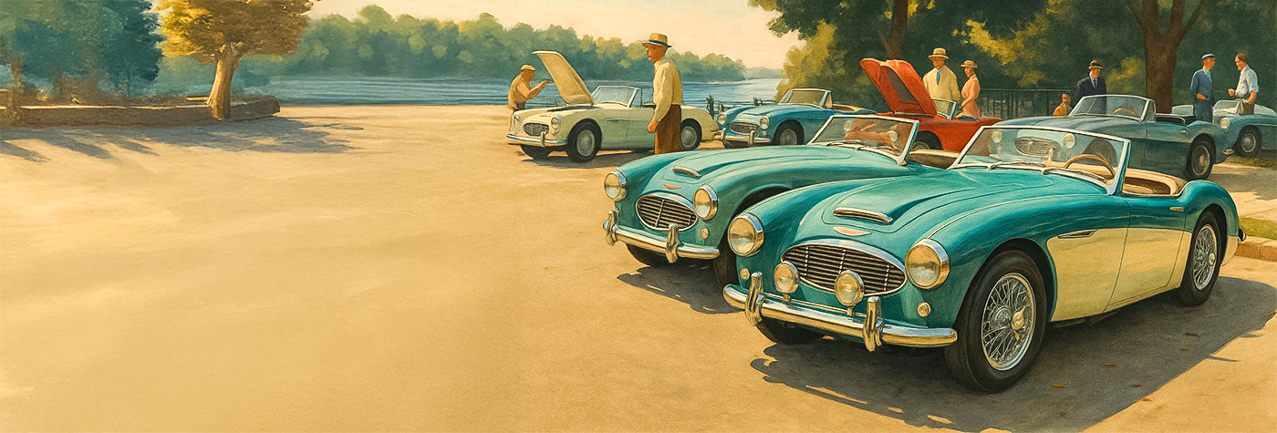 Artistic rendering of a fleet of Austin Healey cars parked near a lakeside location
