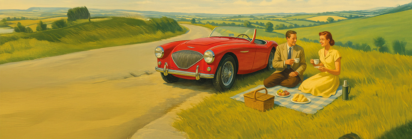 Artistic rendering of an idyllid picnic scene in the English countryside with a man and a woman sitting on a picnic blanket and drinking tea next to a red Austin Healey 100