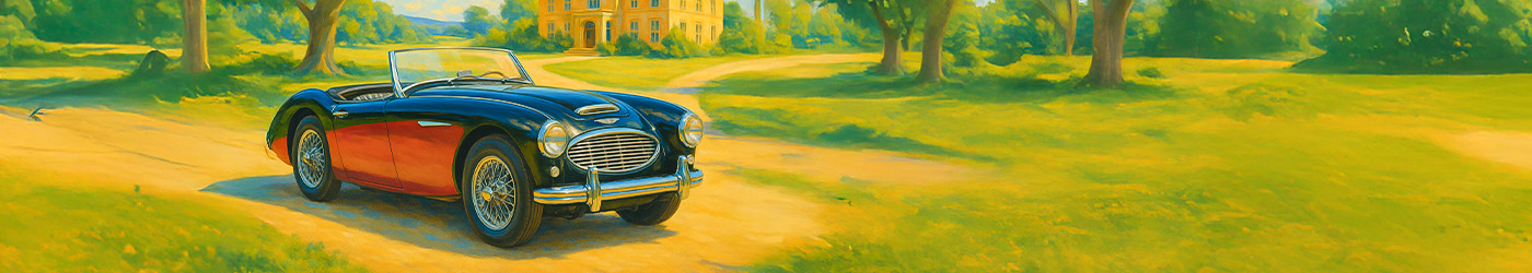 Illustration of black over red Austin Healey 100-Six BN4 (first series) parked on the drive of a country estate.