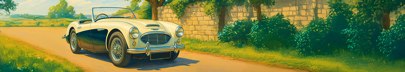 Illustration of cream over dark Austin Healey 100-Six BN4 (second series) driving beside a stone garden wall in countryside.