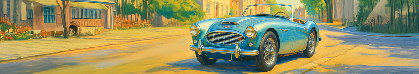 Illustration of light blue Austin Healey 100-Six BN6 roadster cruising a village street in sunshine.