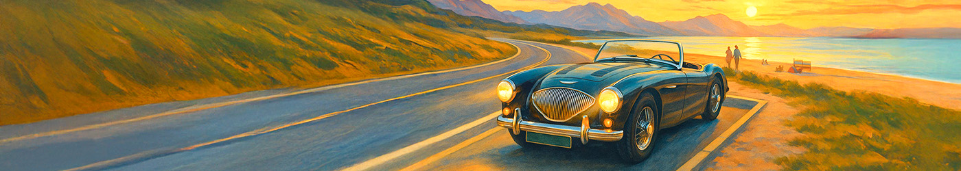 Illustration of dark Austin Healey 100M parked on a coastal mountain road at sunset overlooking the sea.