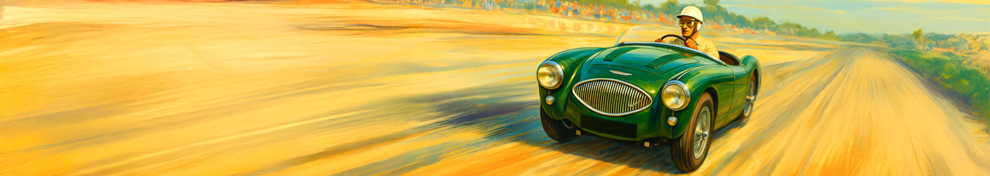 Illustration of green Austin Healey 100S racing at speed on a sunlit Sebring-style circuit with helmeted driver.