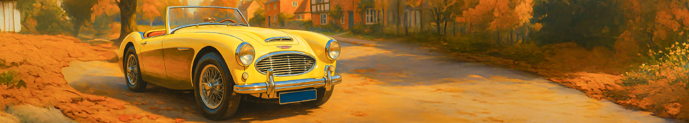 Illustration of yellow Austin Healey 3000 BN7 two-seater roadster on an autumn village lane.