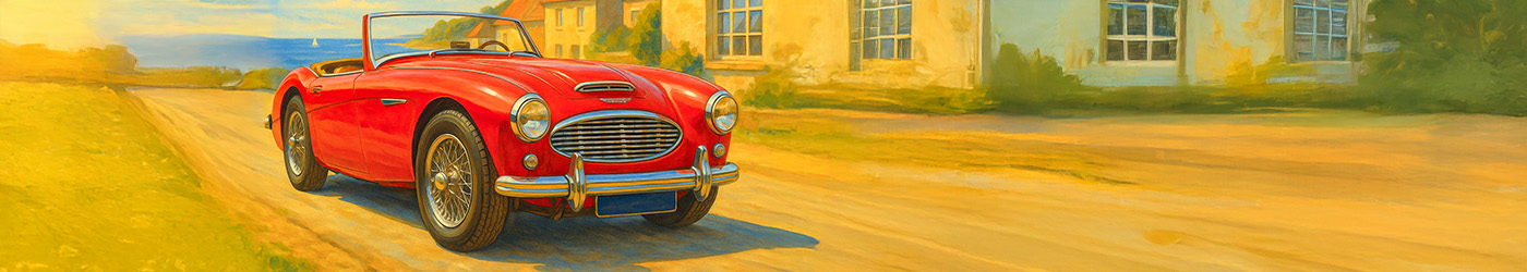 Illustration of bright red Austin Healey 3000 BT7 2+2 roadster driving past cottages near the coast in morning light.