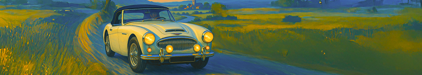 Illustration of cream Austin Healey 3000 Mark II BJ7 with black hood driving a dusk country lane, headlamps lit.