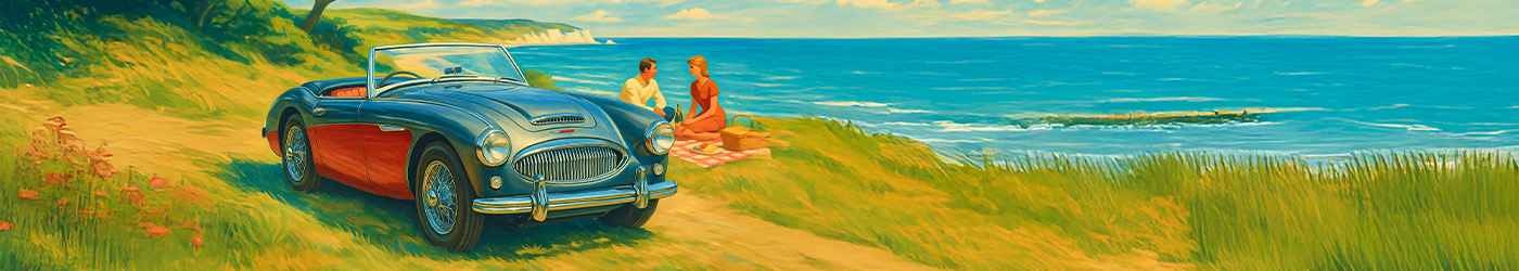 Illustration of two-tone blue/red Austin Healey 3000 Mark II BN7 roadster parked on a grassy bluff above the sea.