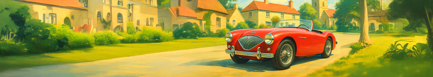 Red Austin Healey 100 BN1 roadster in an English village street scene, 1950s style.