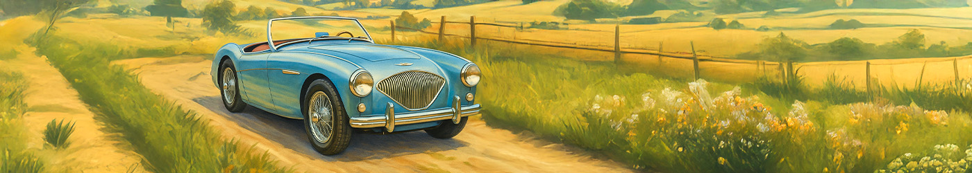 Blue Austin Healey 100 BN2 roadster driving a country lane past fields.