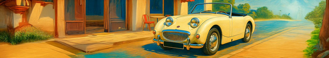 Artistic rendering of an Austin Healey Sprite MK1 Frogeye parked outside a traditional cafe in the late 1950s