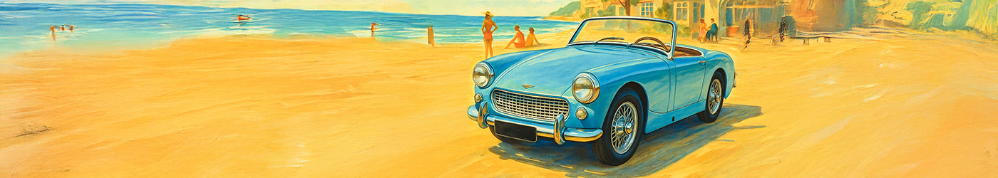 Artistic rendering of a blue Austin Healey Sprite MK2 Midget at a seaside holiday spot in the 1960s