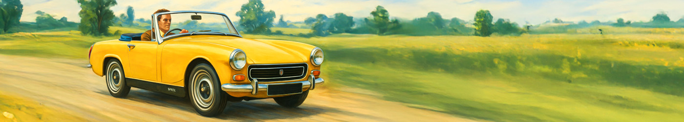 Artistic rendering of a yellow Austin Healey Sprite MK4 Midget driving along an English country road