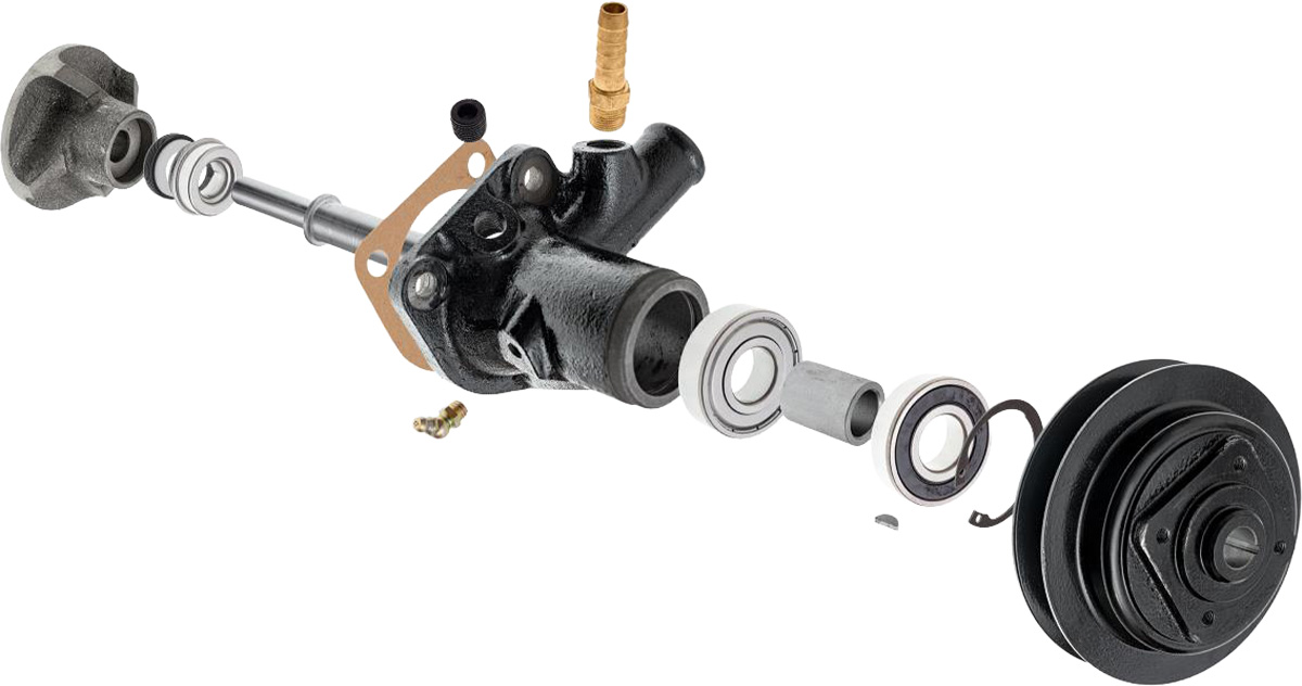 Exploded view of Austin Healey 100 premium water pump for cooling system restoration