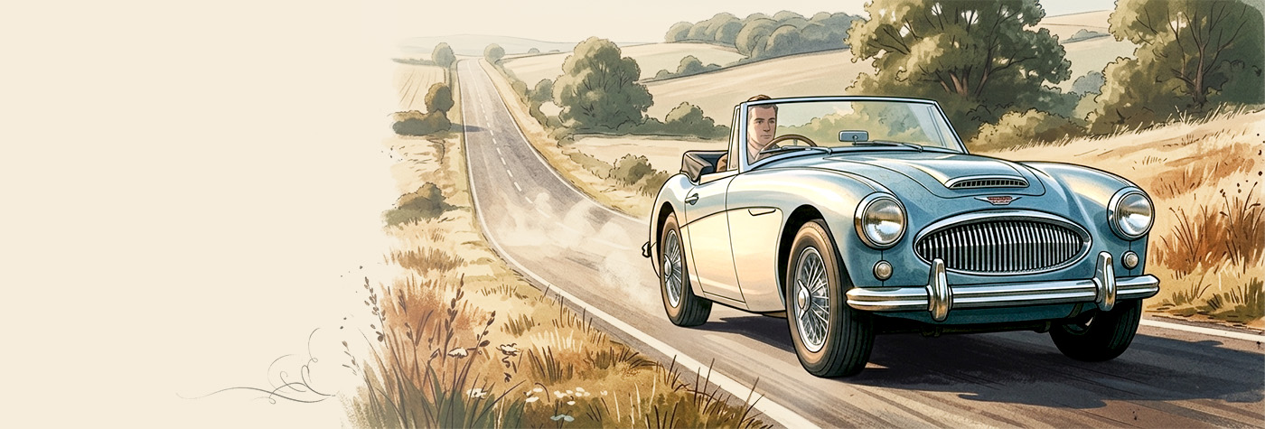 Austin Healey driving on a sunny uphill road where aluminium radiator performance matters