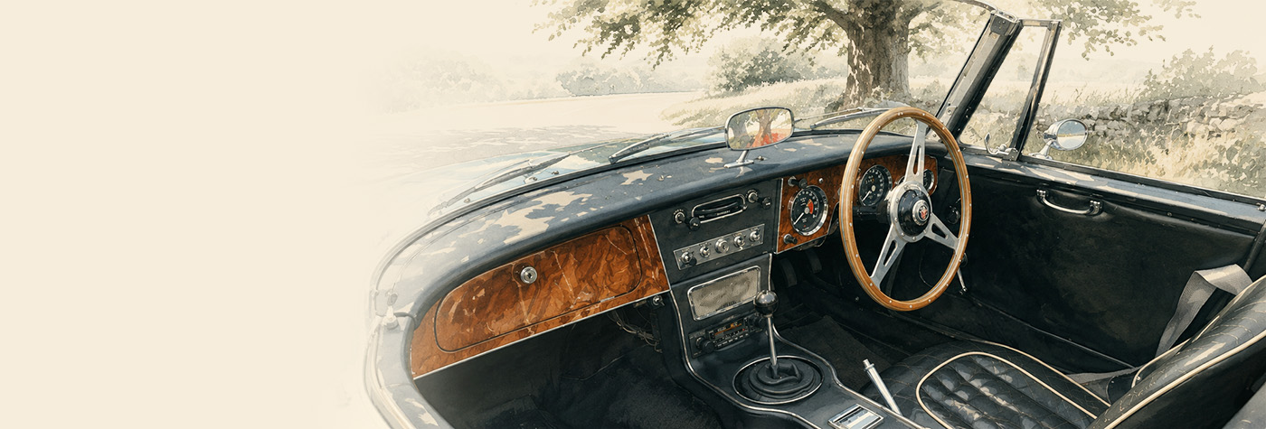 Austin Healey cockpit view during summer driving after cooling system preparation