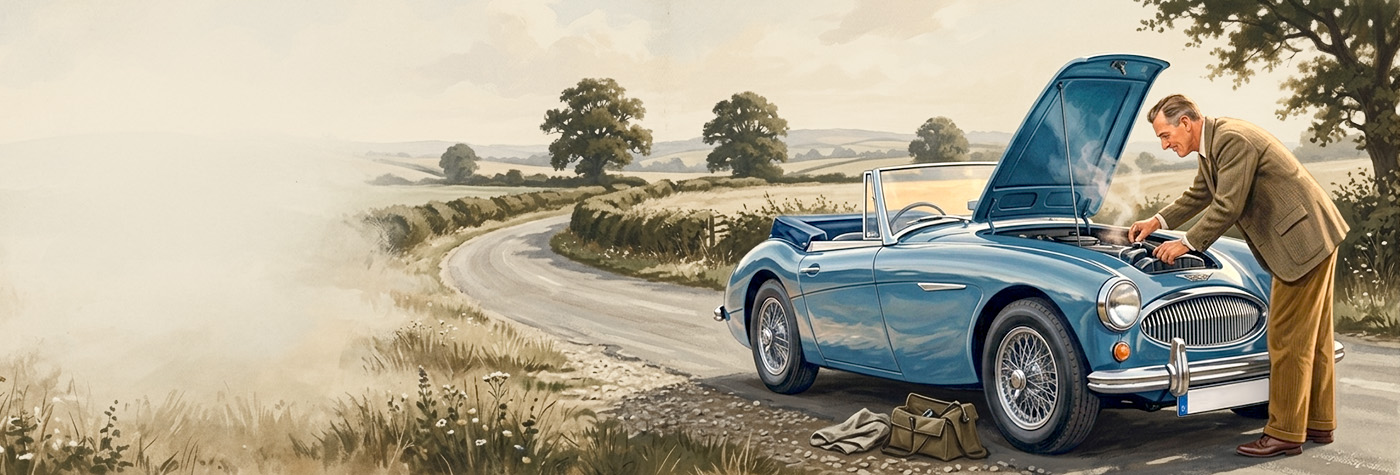 Austin Healey roadside cooling system check during summer driving