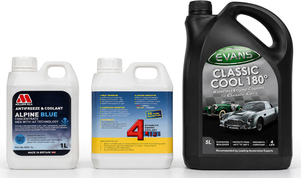 Austin Healey coolant and antifreeze options including Alpine Blue, 4life, Evans and Millers