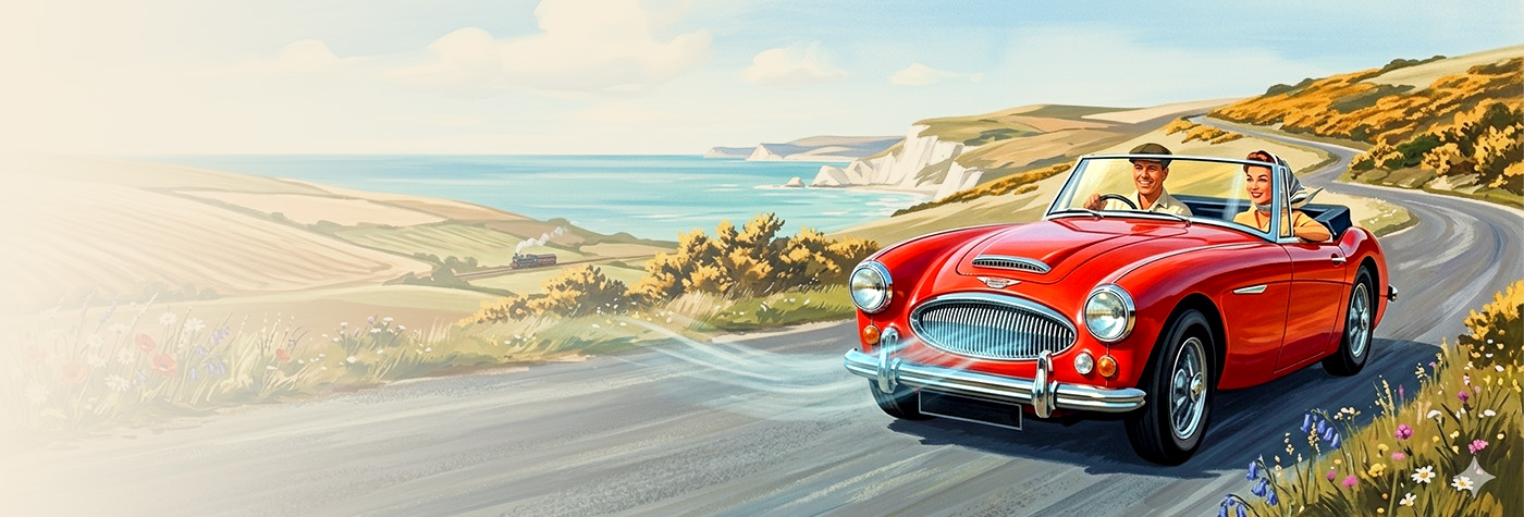 Retro-style illustration of a red Austin Healey 3000 driving along a sunny coastal road