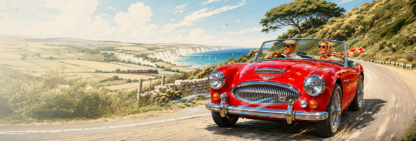 Red Austin Healey on a cool summer drive