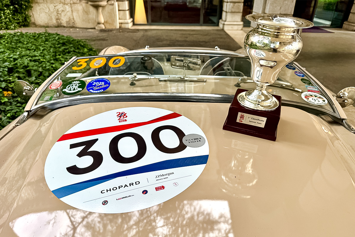 Mille Miglia 2026 trophy photographed with the Racing Queen Austin Healey