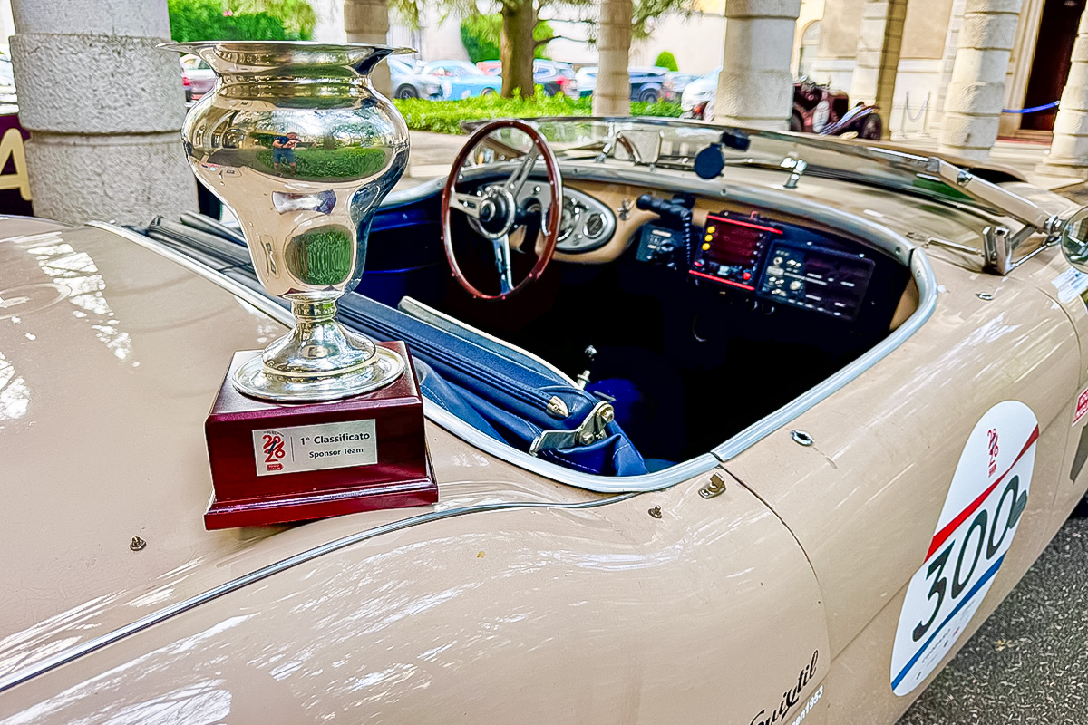 Close-up of the Mille Miglia 2026 trophy awarded after the Villa Trasqua Team result