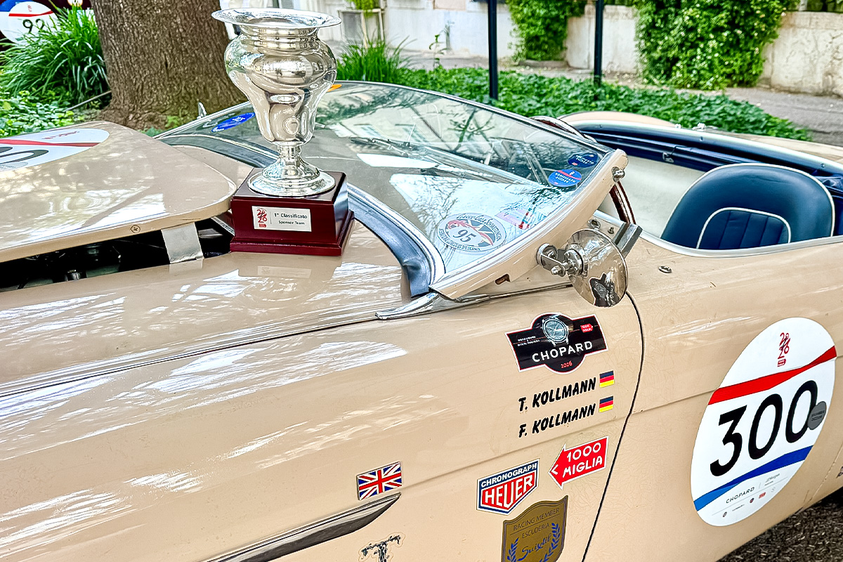 Close-up of the Mille Miglia 2026 trophy awarded after the Villa Trasqua Team result