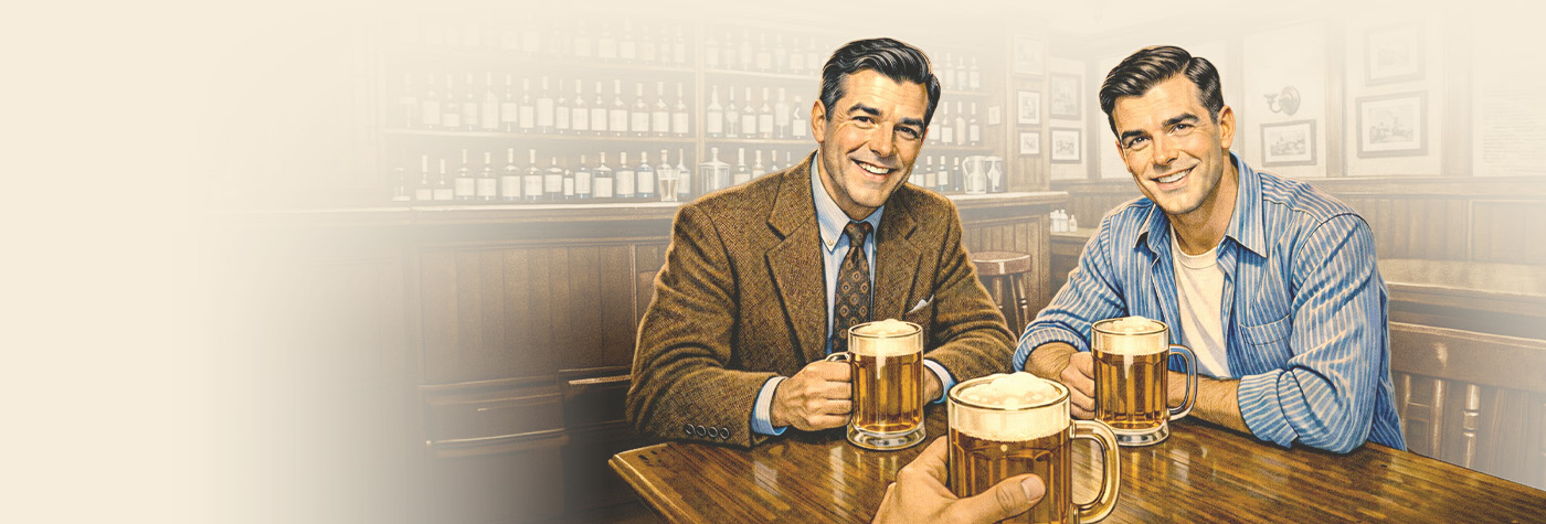 1950s style illustration of classic car enthusiasts discussing an Austin Healey restoration in a traditional pub