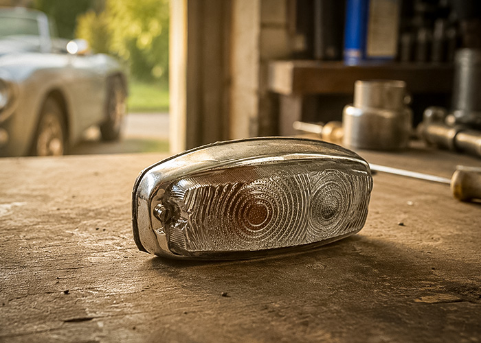 used Austin Healey Sprite side and flasher lamp showing aged lens and worn housing