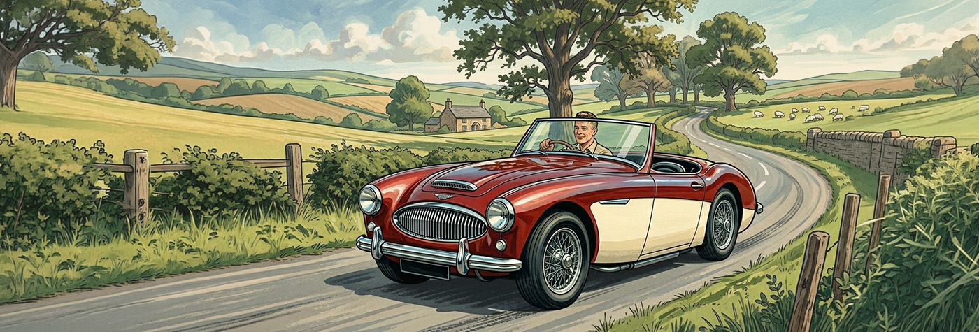Austin Healey driving through English countryside smooth cornering improved steering