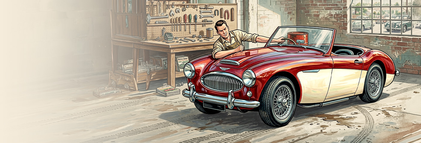 Austin Healey heavy steering turning front wheels workshop scene