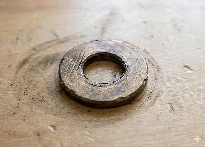 worn bronze thrust washer from Austin Healey top trunnion showing friction wear