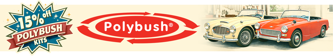 15% off Polybush suspension bush kits for Austin Healey, Sprite and MG Midget models
