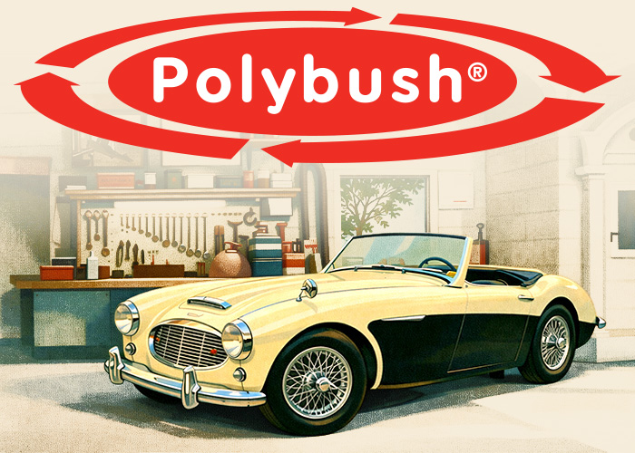 Austin Healey 3000 in garage workshop representing Big Healey suspension and Polybush upgrade kits
